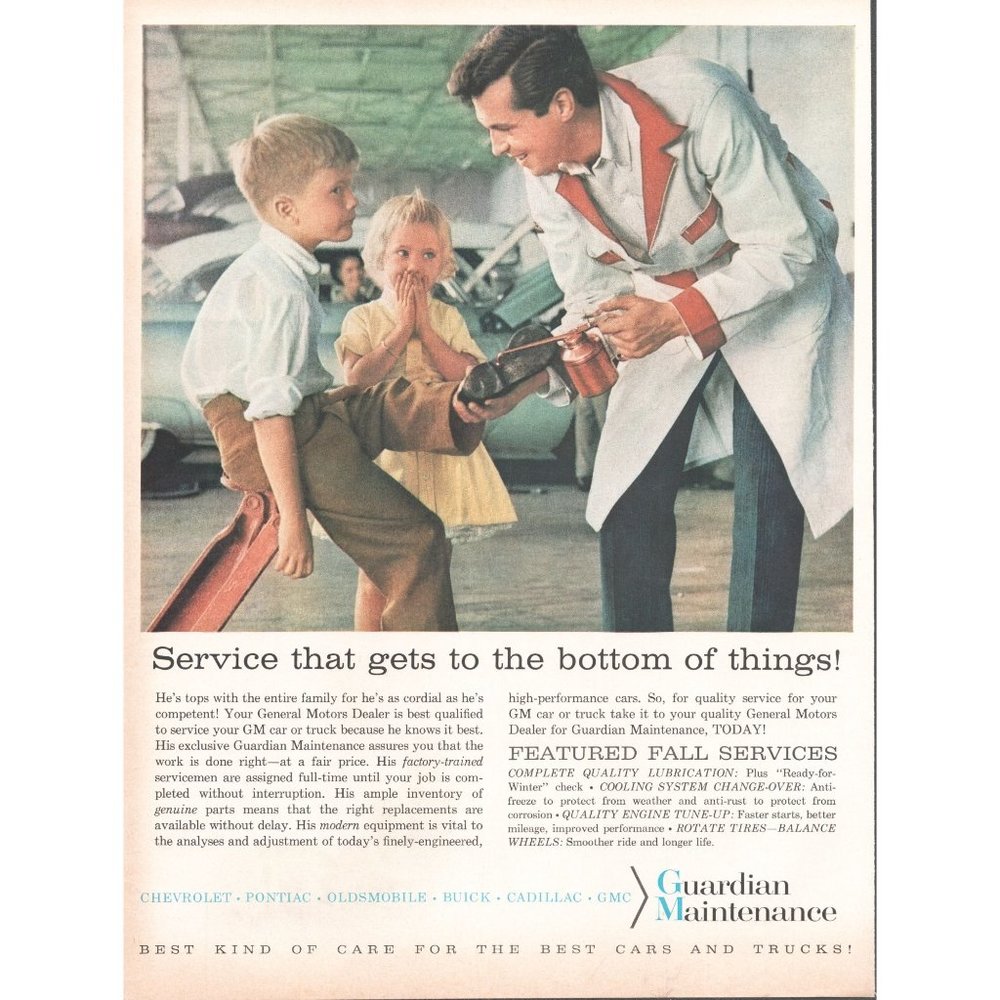 1960 General Motors Guardian Maintenance Vintage Print Ad Mechanic Oil Can Art